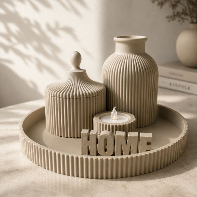 Kit Decorativo 3D com Bandeja, Vaso e Porta-Objetos Canelados – Estilo Minimalista