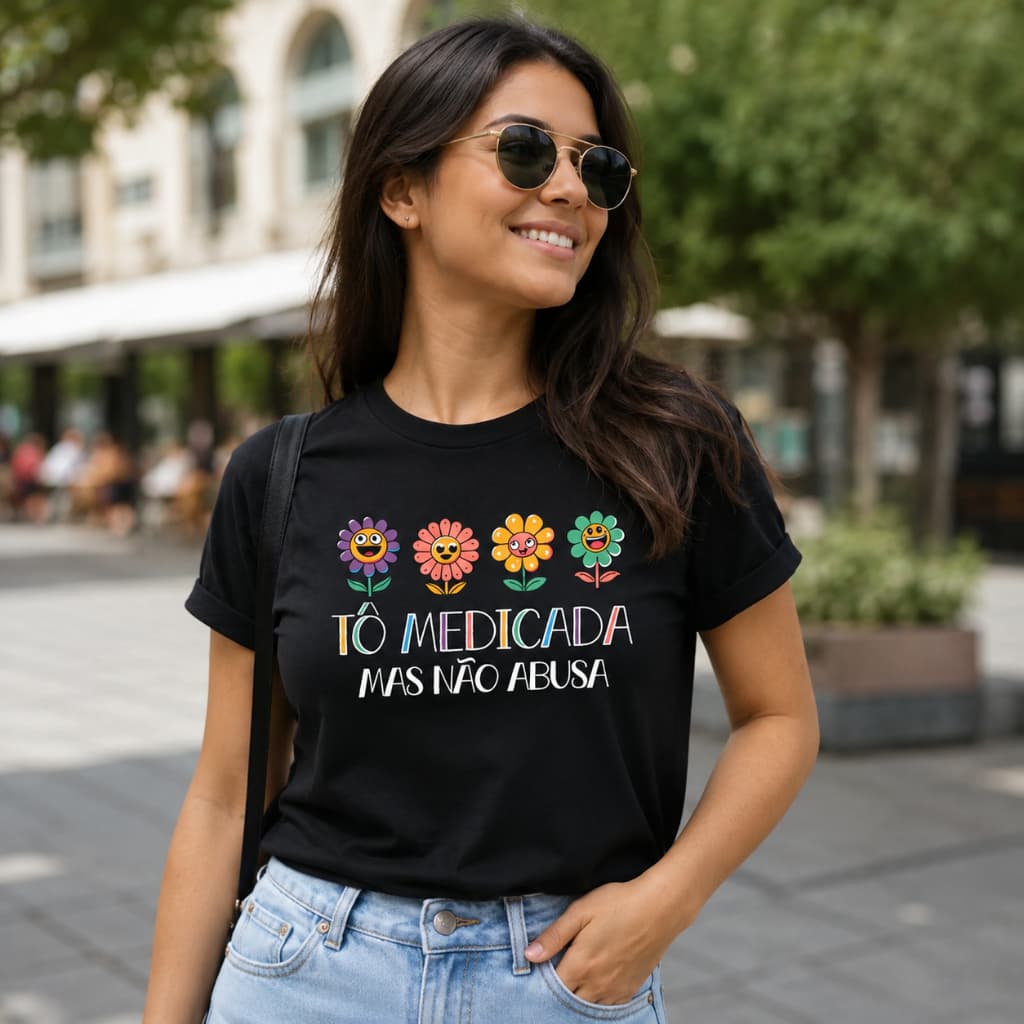 Camiseta Unissex Algodão Tô Medicada Mas Não Abusa Estampada Casual P ao GG