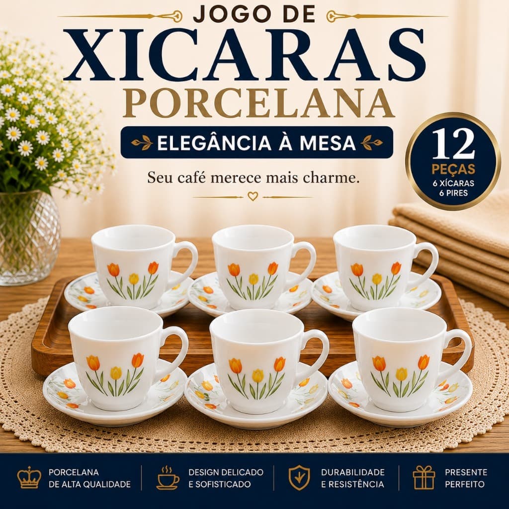 Jogo de Xícaras para Chá 220ml com Pires 12 Peças em Porcelana Decorada Diversas Estampas