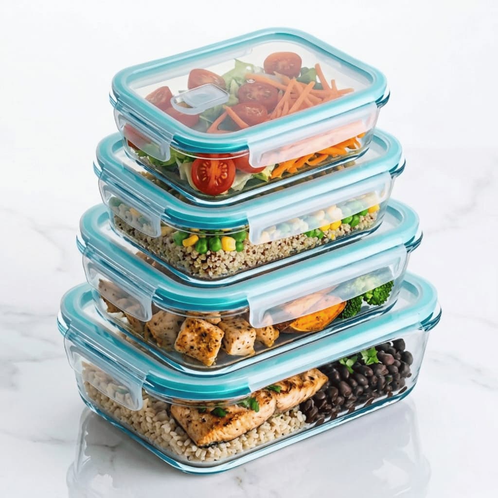 Kit com 4 Potes de Vidro Herméticos Organizador Marmita Retangular Anti Vazamento Tupperware Moderna