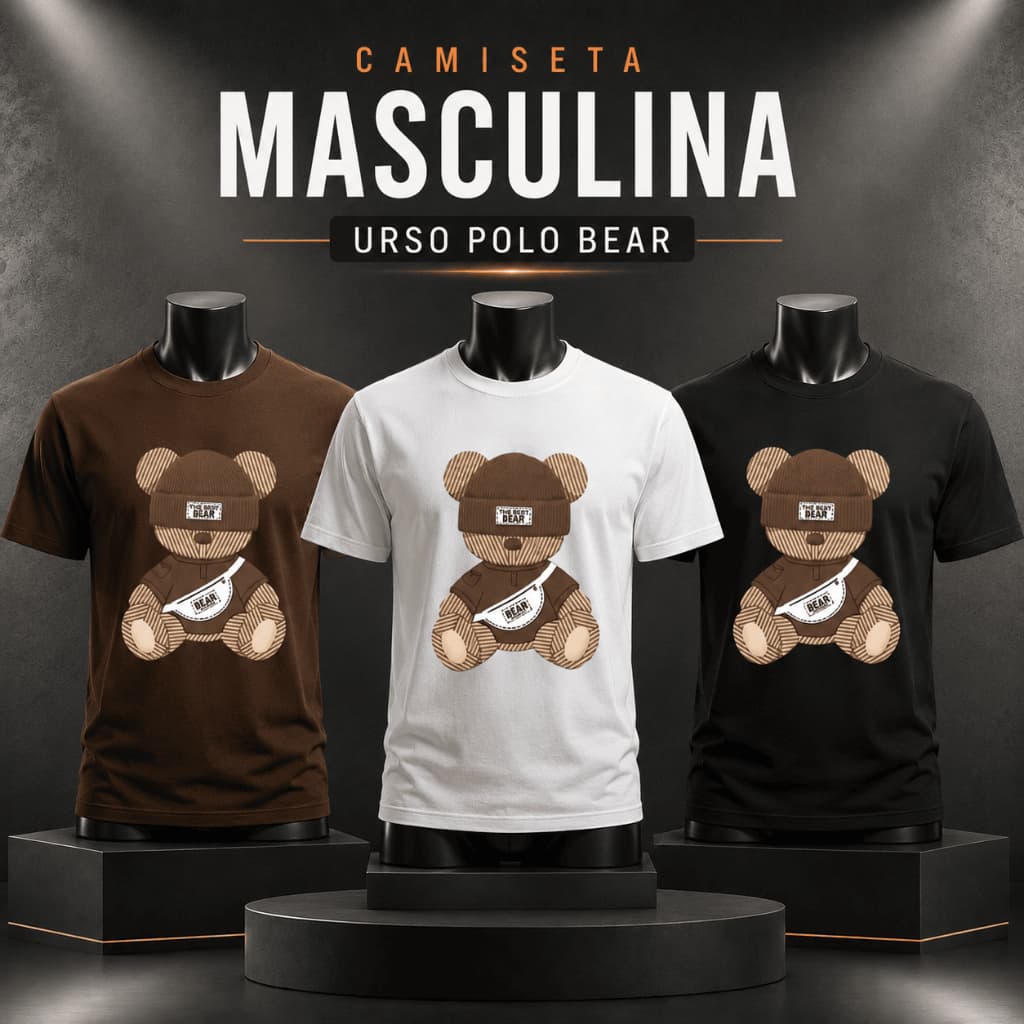 Camiseta Masculina Urso Polo Bear Streetwear Oversized Estampada Algodão Premium Moda Urbana Unissex