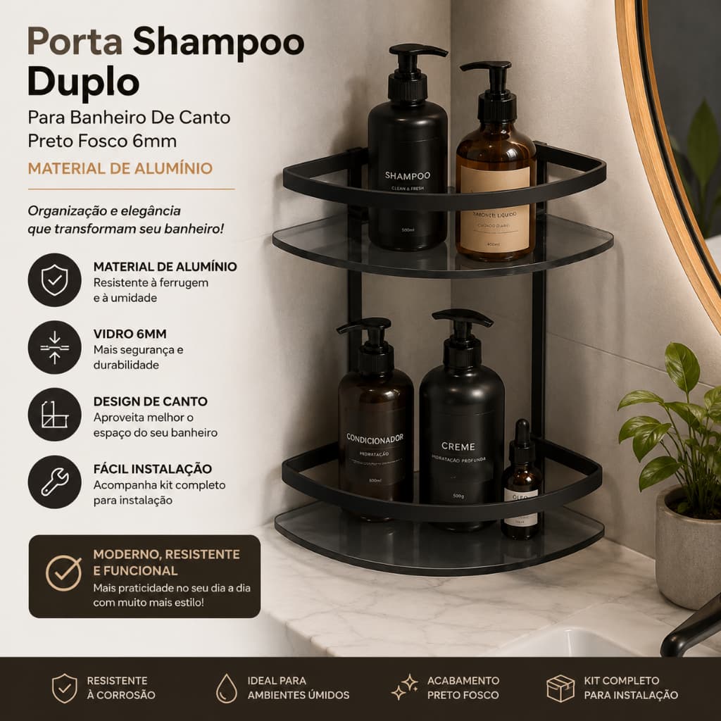 Porta Shampoo Duplo Canto Banheiro Preto Fosco Alumínio 6mm