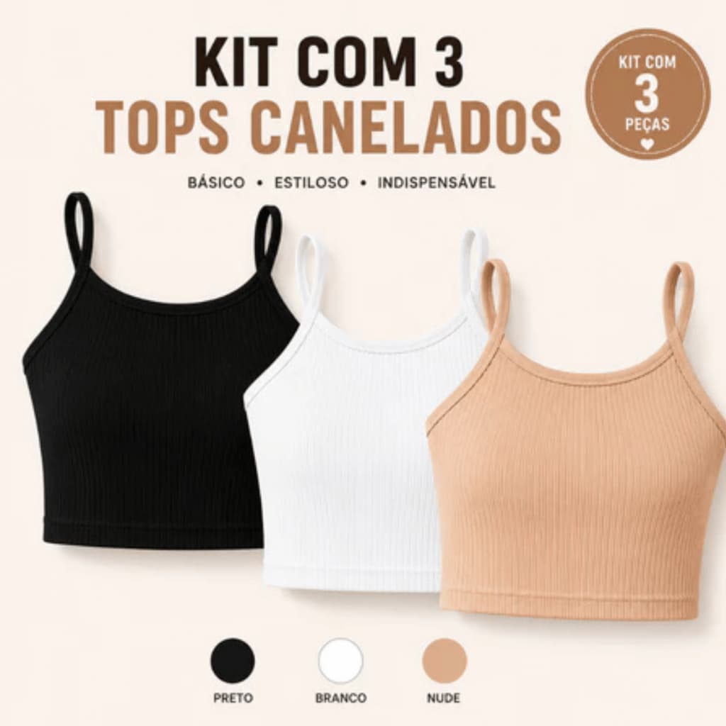 Kit 3 Cropped Feminino Canelado Ribana Regata Alcinha Academia Fitness Básico Casual Verão Moda Feminina