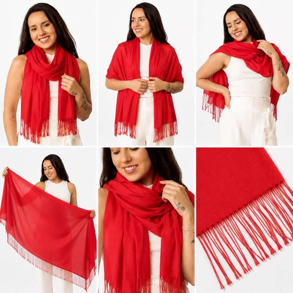 Cachecol Pashmina Vermelho Cereja Lisa 100% Poliéster Moda Elegante e Durável Unissex Luxo