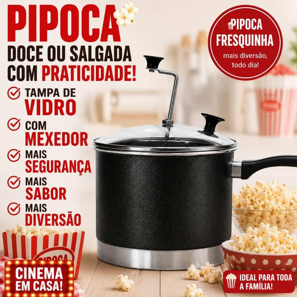 Panela Pipoqueira Alumínio 4l Tampa Vidro E Mexedor De Metal
