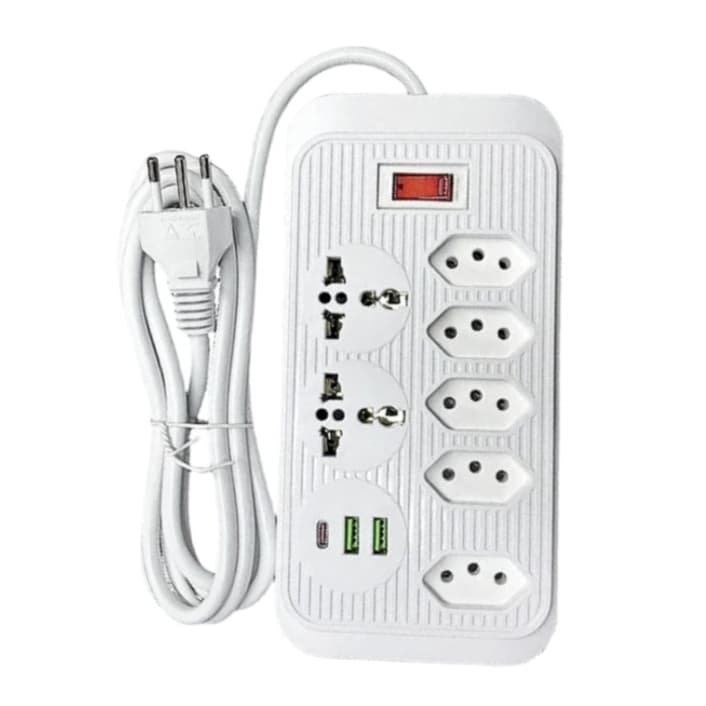 Filtro de Linha 7 Tomadas 5 Metros 2 USB USB-C Tipo C Bivolt Protetor Contra Surtos KA-7022