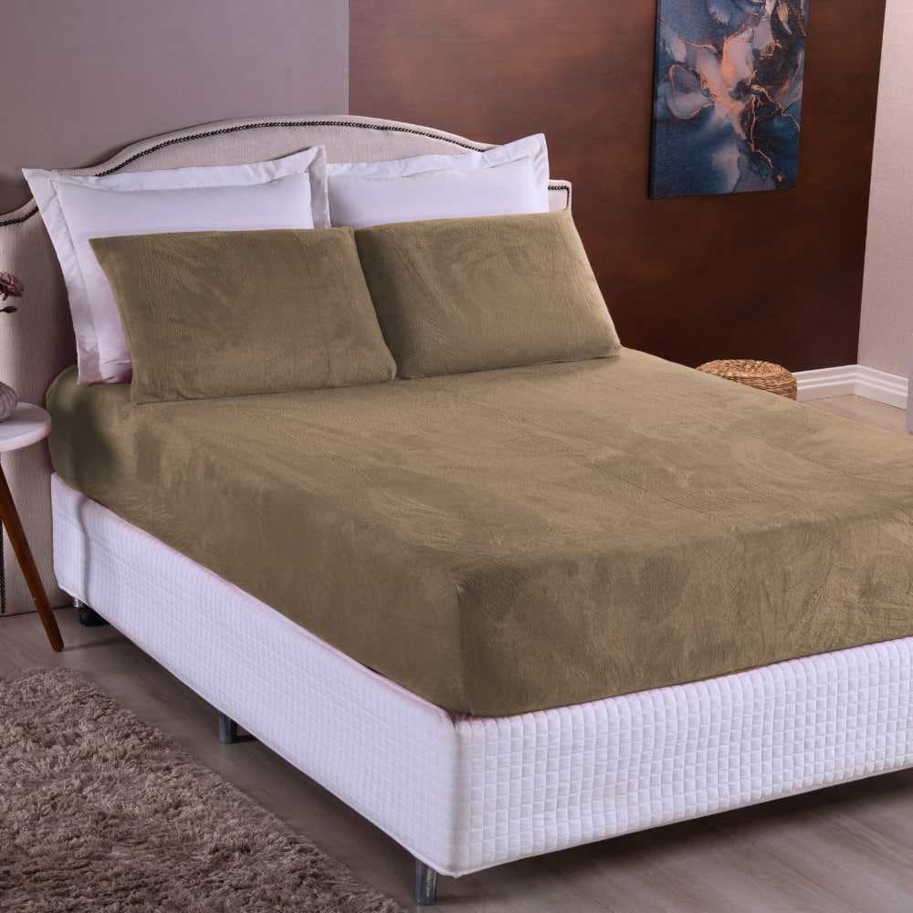 Jogo de Lençol Plush Cama Queen Size 3 Peças Com Elástico Acompanha 2 Fronhas Flannel Frio Inverno Quentinho