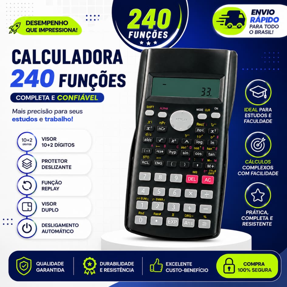 Calculadora Científica 240 Funções A Pilha Financeira Matemática Escolar Faculdade Trabalho 2 Linhas Barata
