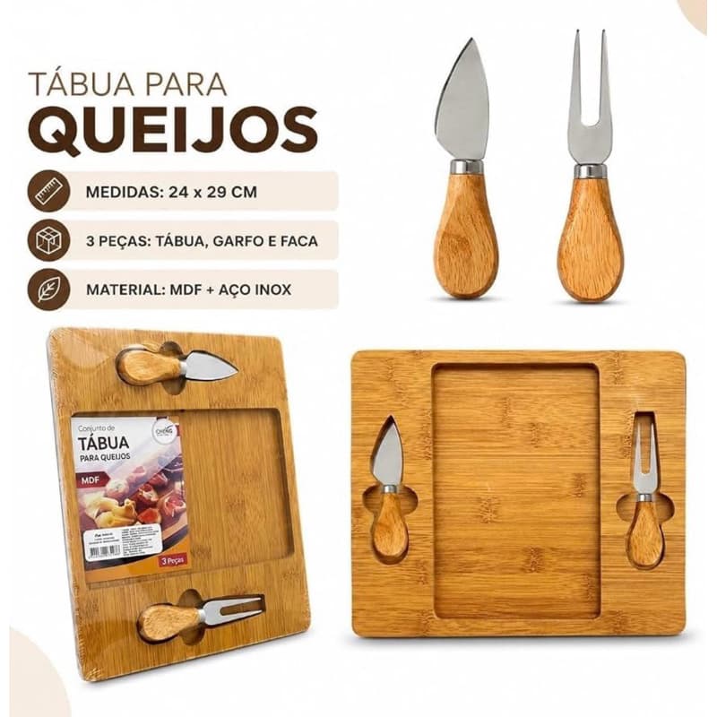 Kit Tábua para Queijos de Bambu com Garfo e Faca Tabua de Frios