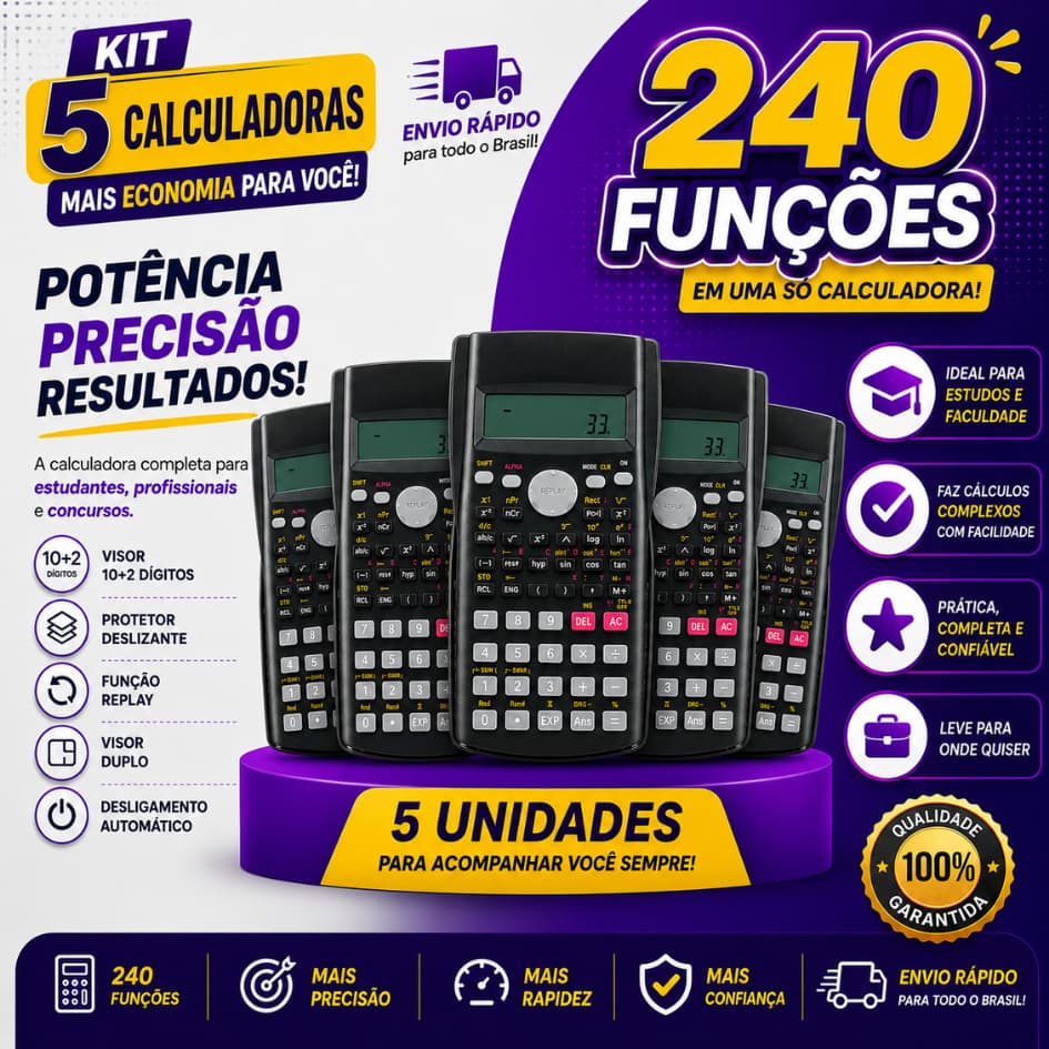KIT 3 ou 5 Calculadora Cientifica com Capa Protetora  240 Funções A Pilha Financeira Escolar Faculdade Trabalho