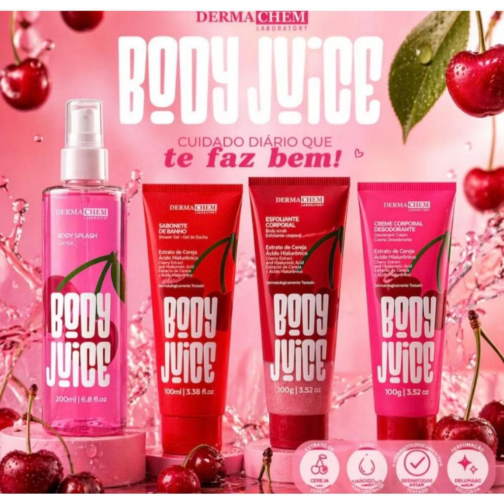 🍒✨ Kit Body Juice Cherry Cereja – Completo | Sabonete + Esfoliante + Hidratante + Body Splash ✨🍒