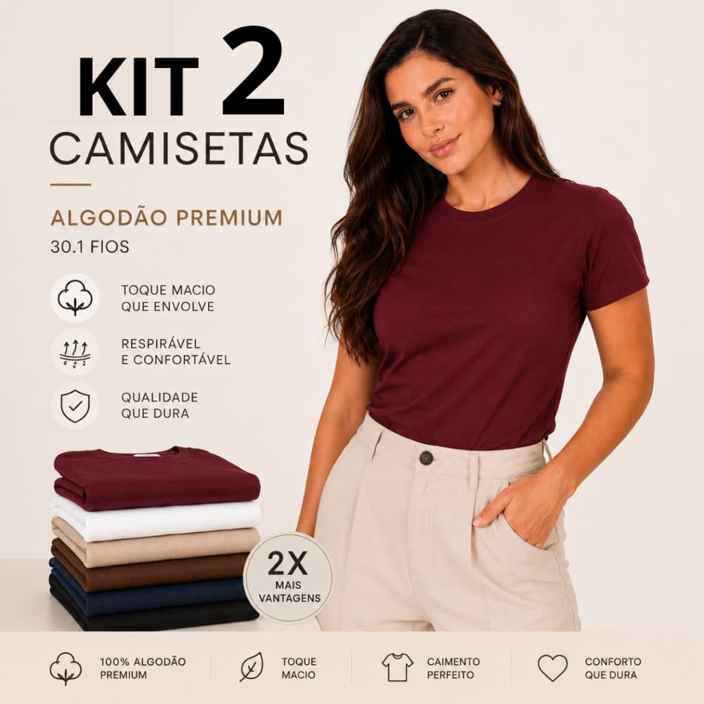 KIT 2 Blusinhas Feminina T-Shirt Moda Casual Básica 100% Algodão Manga Curta Lisa Baby Look Justa