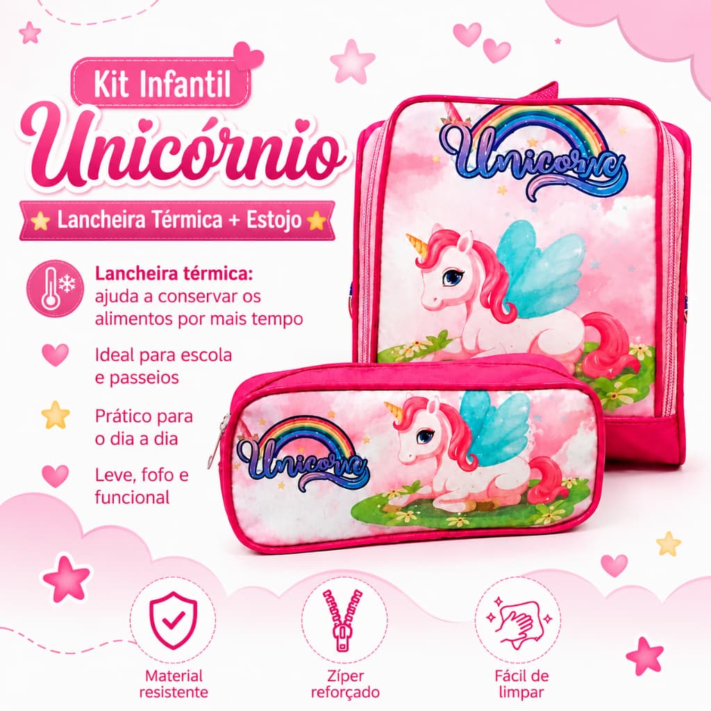 Kit Lancheira Térmica Infantil + Estojo Escolar Feminino 1 Divisão Estojo Escolar Infantil Unicornio