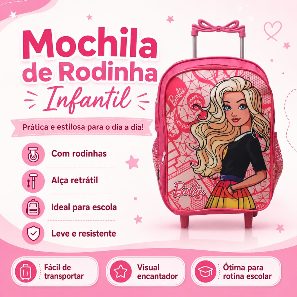 Mochila Escolar Infantil Feminina Berbibe Rosa Mochila de Rodinhas Rosa Reforçada Grande Com Alça