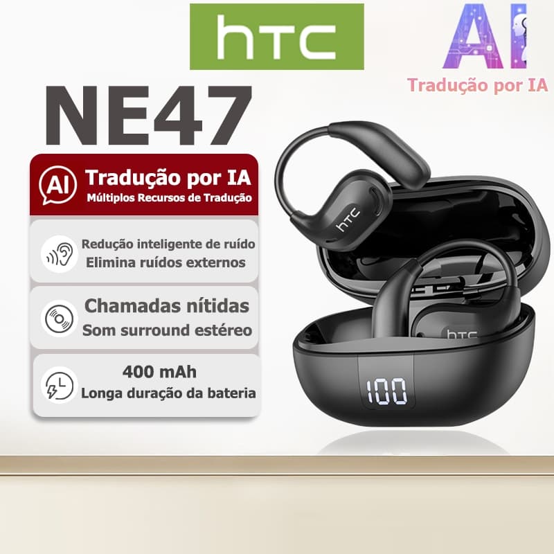 Fone Bluetooth HTC NE47 com tradução IA em tempo real, formato OWS, redução de ruído inteligente, chamadas nítidas, som