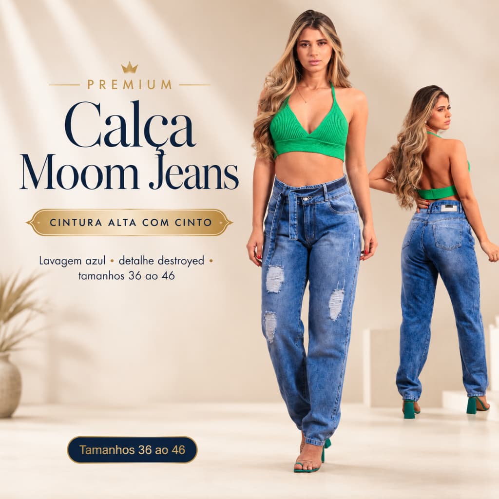 Calça Moom jeans feminina com cinto cintura alta Premium