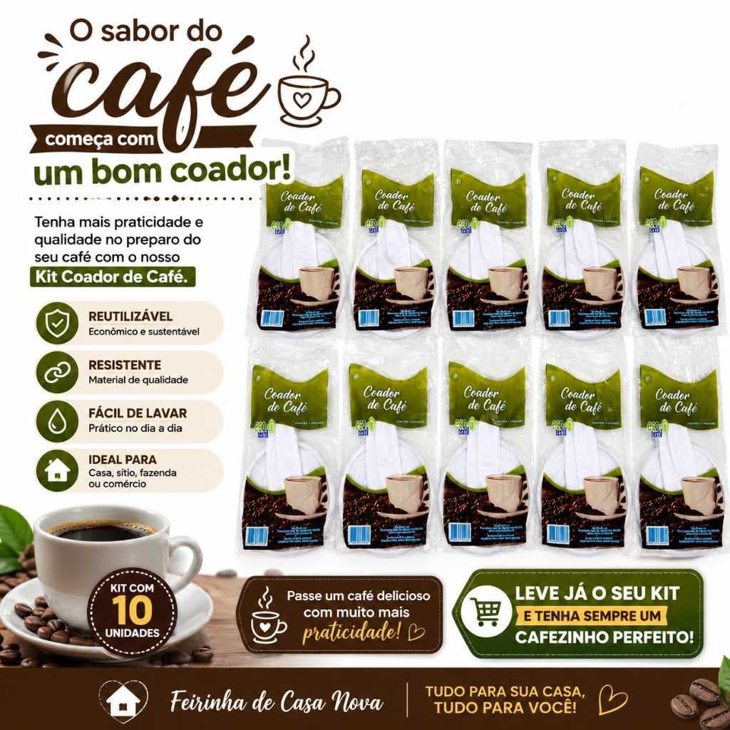 Kit Coador de Café de Pano Tamanho Grande Reutilizável 3,5 e 10 Unidades