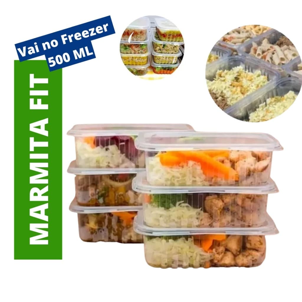 Potes 500ml Retangulares Descartáveis Marmitas Fit Com Tampa Para Freezer e Microondas