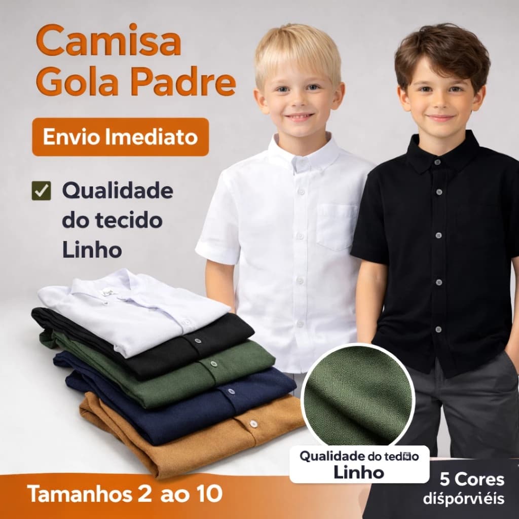 Camisa Social Infantil Gola Padre Manga Curta Lisa Menino Premium