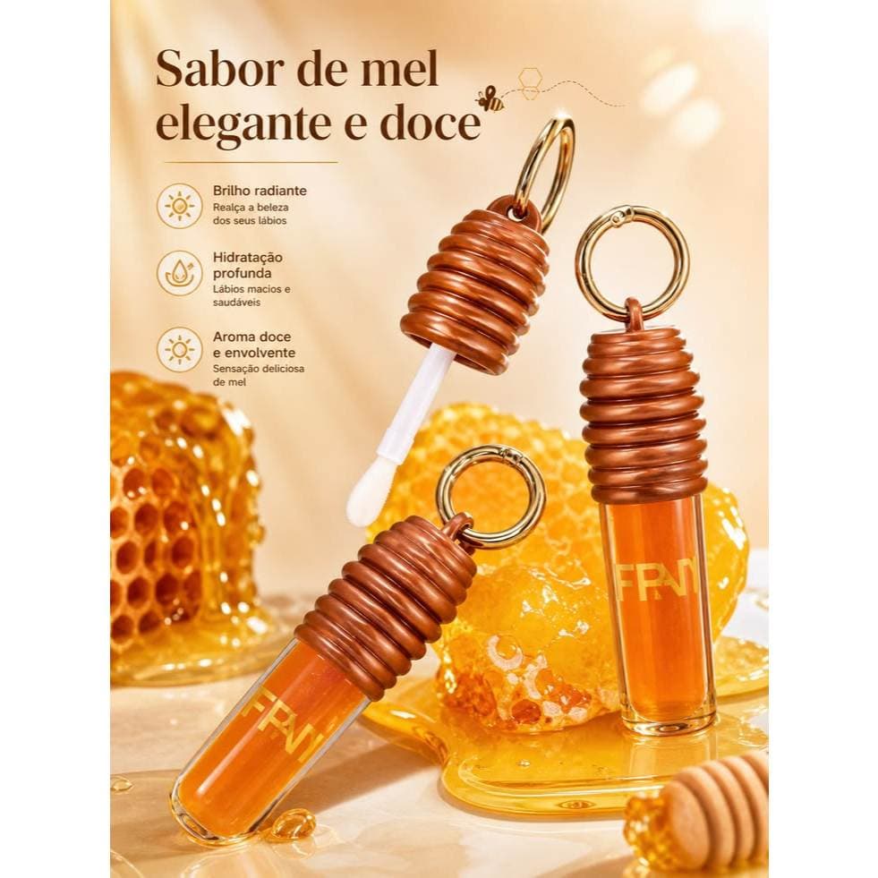 Gloss Labial Mel Honey com Pingente Hidratante Vitamina E Brilho Intenso Transparente Lip Gloss 5g