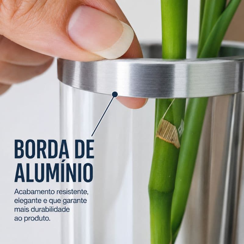 Vaso 21cm Vidro Artesanal Decoração Transparente com Borda de Alumínio Sala e Centro de Mesa
