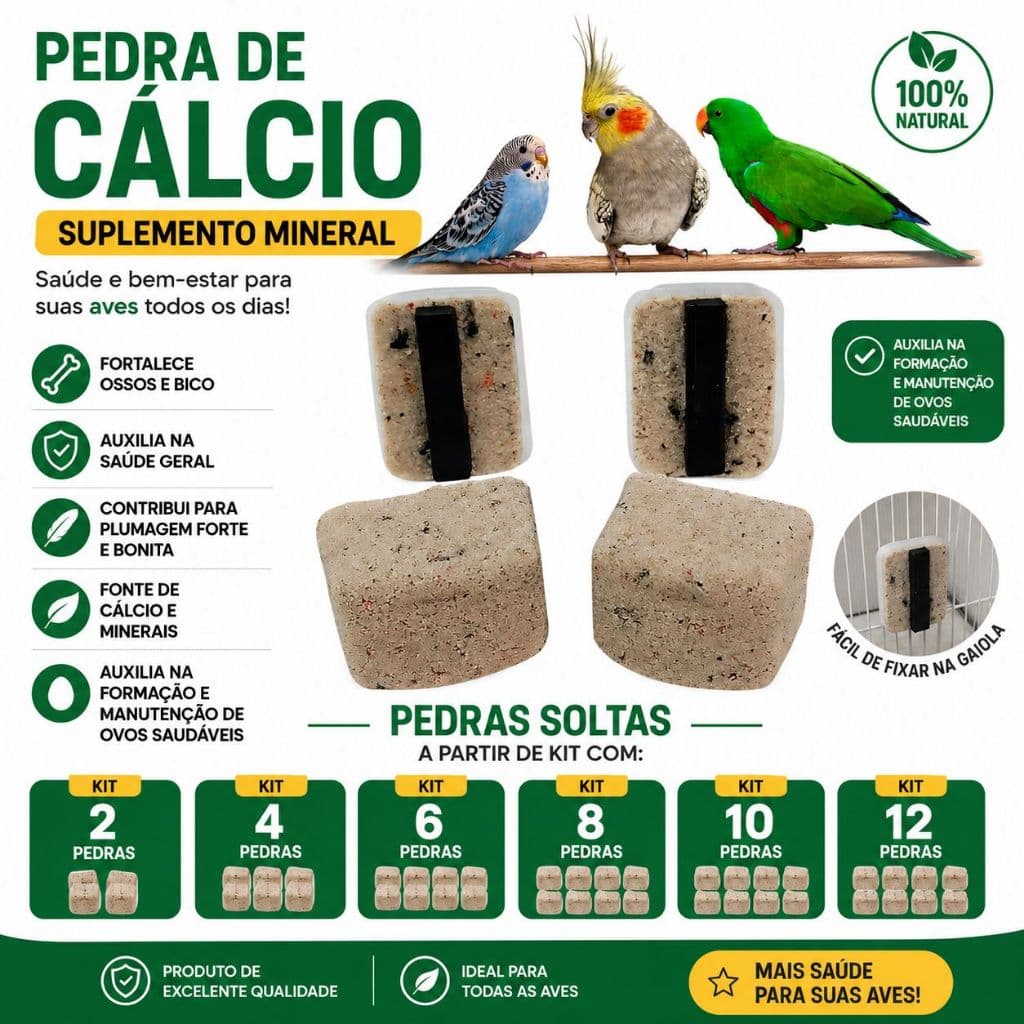 Pedra Cálcio Passaros Calopsita Kit Periquito Papagaio Aves Suplemento Mineral Digestão Bico Forte