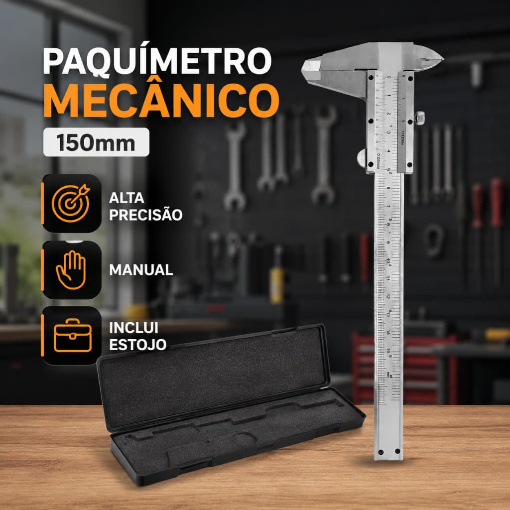 Paquímetro Manual Analógico Universal 150mm Medição Profissional em Aço Inox com Estojo Precisão