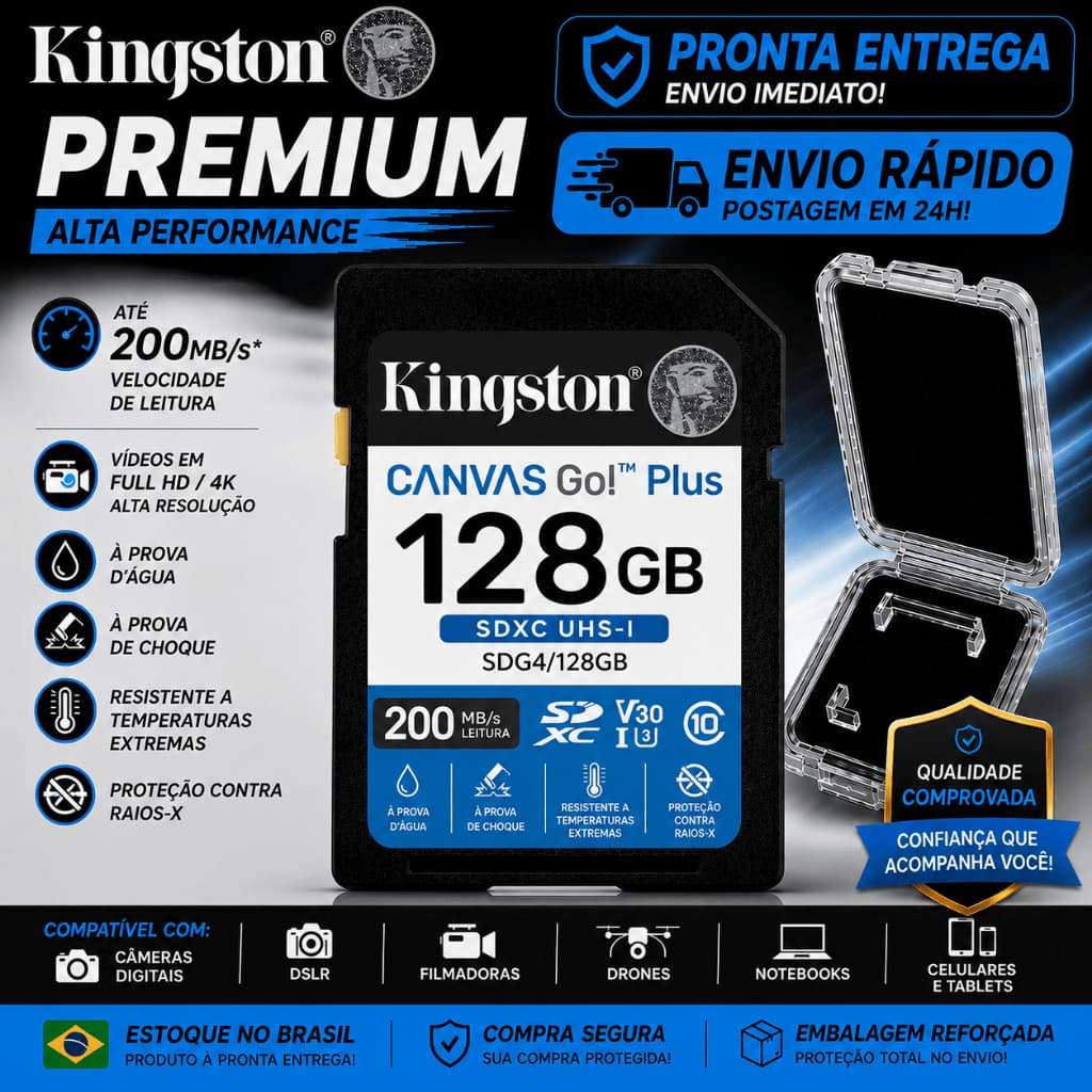 Cartão de Memória SD Kingston 32gb 64gb 128gb SDXC UHS-I C10 U3 V30 4K UHD Full HD Para Câmeras