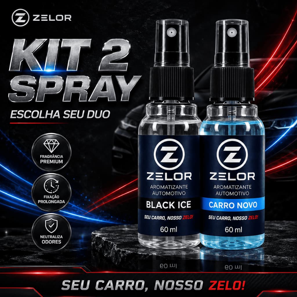 Kit 2 Spray Perfume Automotivo Spray 60ml Zelor Aroma Premium Cheirinho Carro Masculino Alta Fixação ideal Pra Capacete
