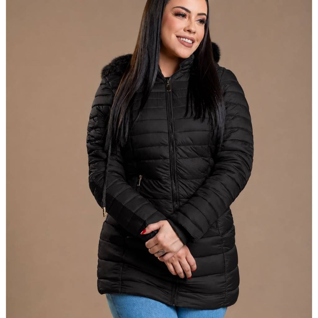 Jaqueta Puffer Gominho Parka longa Feminina Peluciada com Capuz Pelo Forrada Acolchoada Impermeável Bolsos Zíper