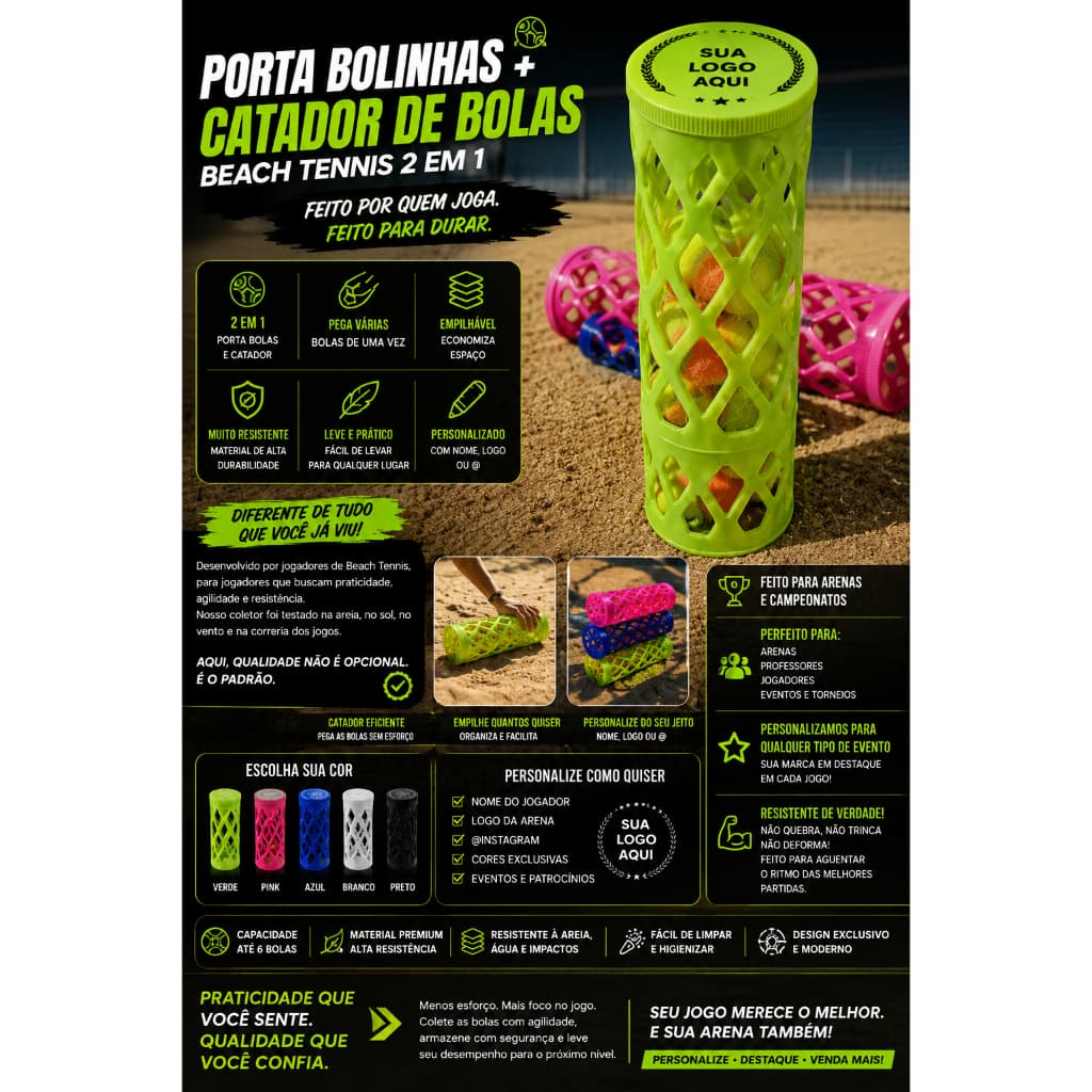 Porta Bolinhas + Catador de Bolas Beach Tennis 2 em 1 | Personalizável Resistente  PORTA BOLINHA DE TENNIS e BEACH