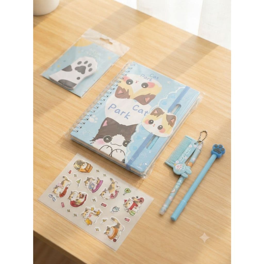 Kit Papelaria fofa Gato Caderno Caneta Post it adesivo