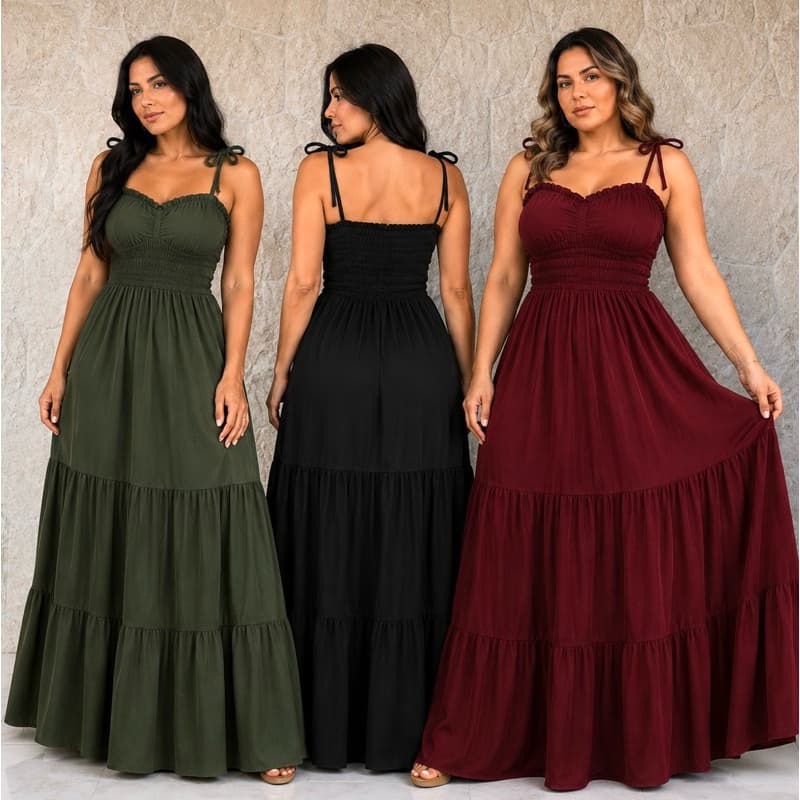 Vestido Feminino Longo Casual Premium Alça Tecido Leve Duna Elastano Confortável Moda Elegante Tendência  Exclusivo