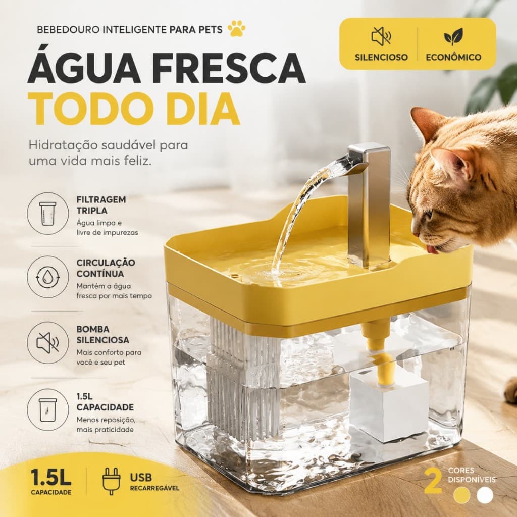 FONTE AUTOMÁTICA PARA GATOS COM FILTRO 1.5LIBOMBASILENCIOSA
