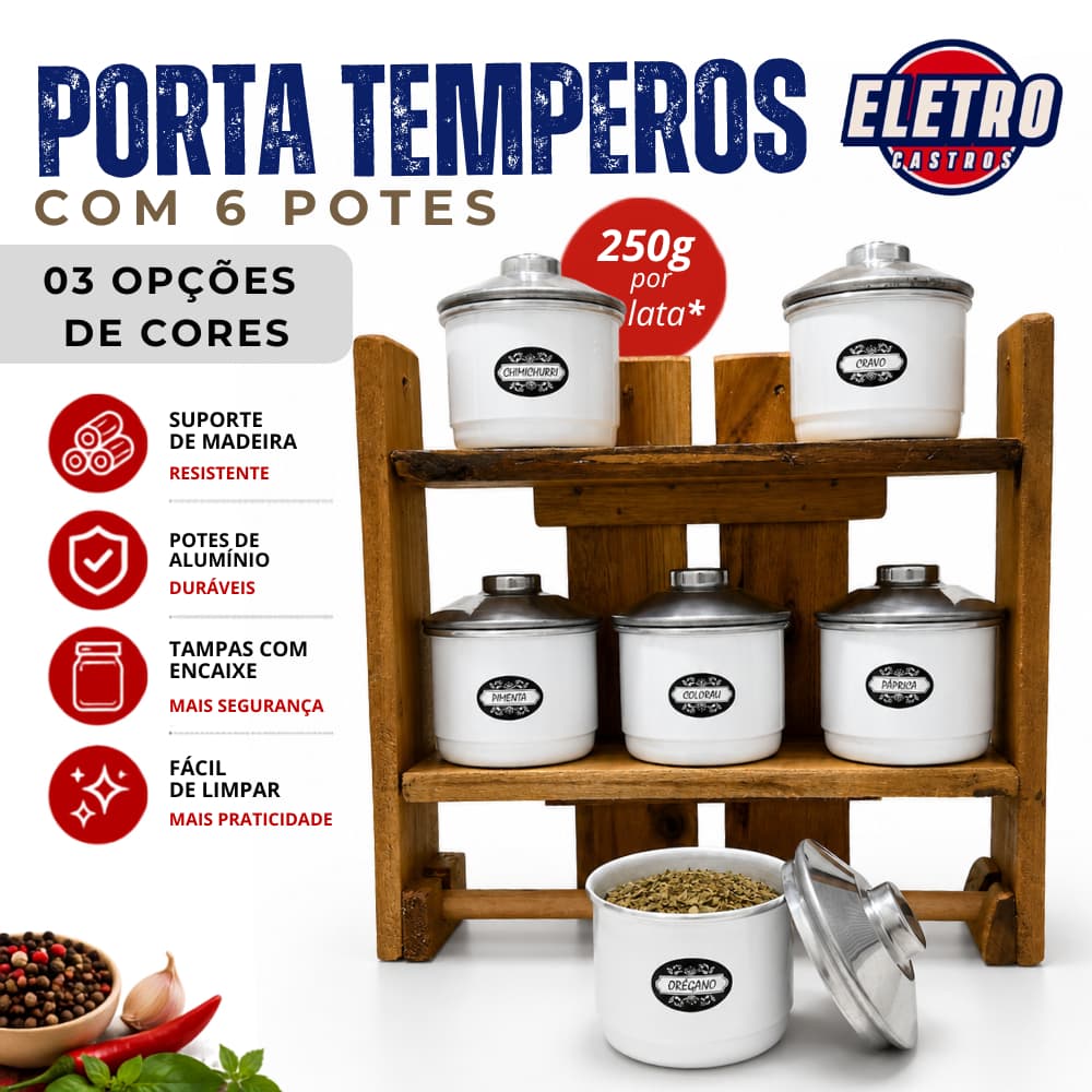 Porta Temperos de Madeira com 6 Latas de Alumínio Organizador de Cozinha