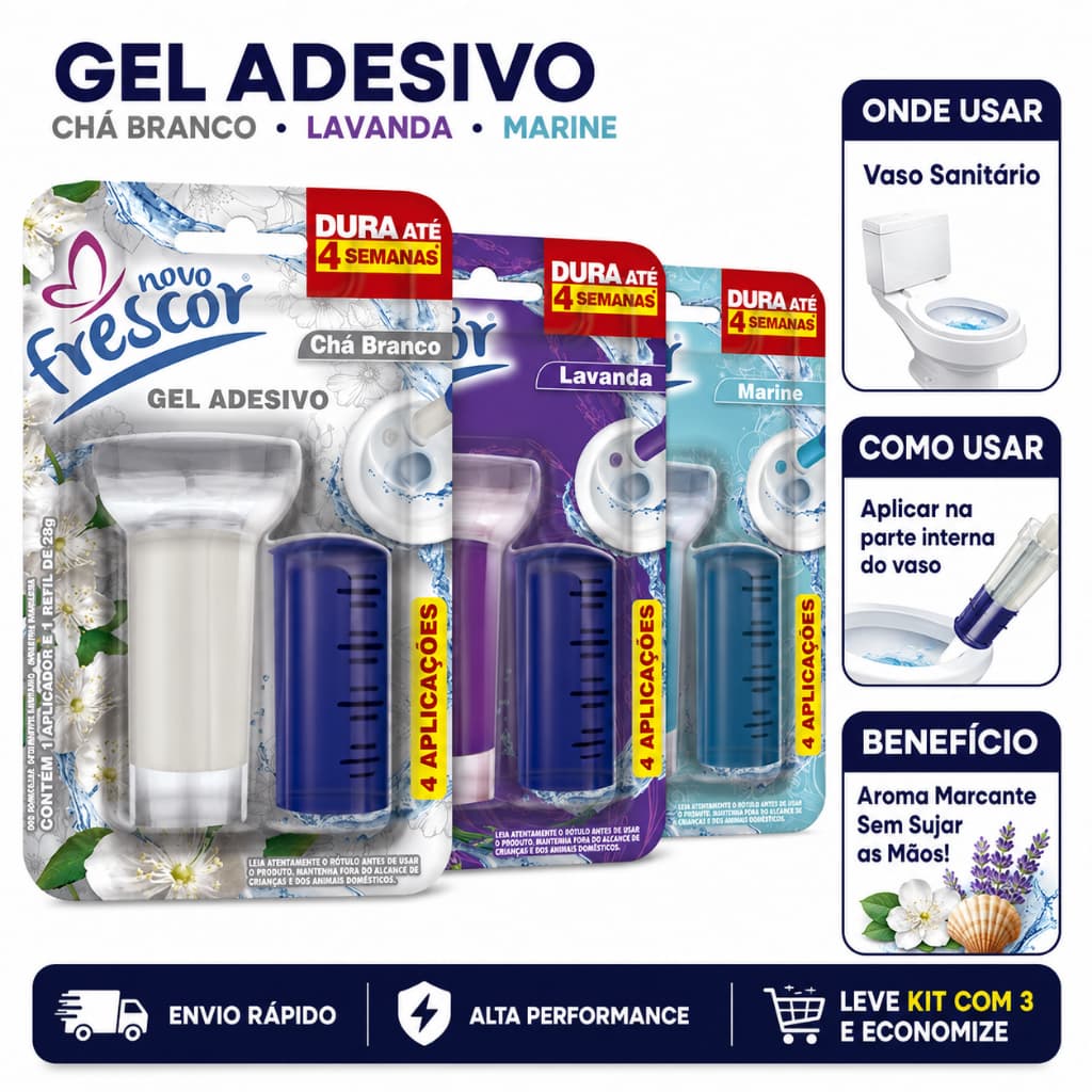 Gel Adesivo Sanitário 4 Aplicações 28g Lavanda Floral Marine Vaso Sanitário Limpeza Novo Frescor