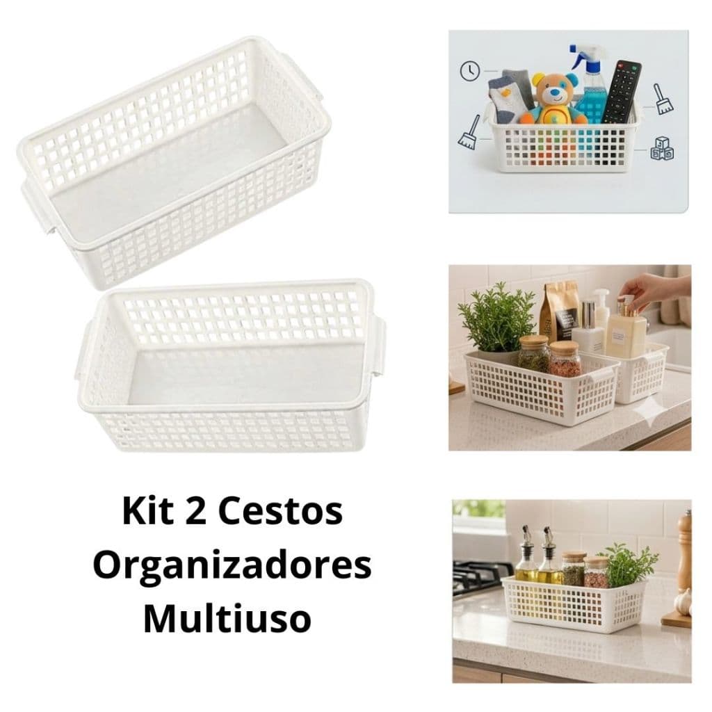 Kit 2 Cestos Organizadores Multiuso Com Alça Plastico Casa