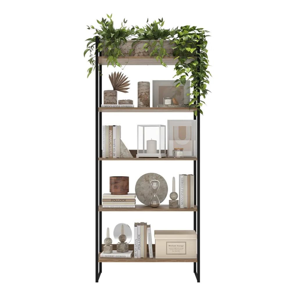 Estante Industrial 5 Prateleiras Livreiro Multiuso Madeira Aço Preto 189cm