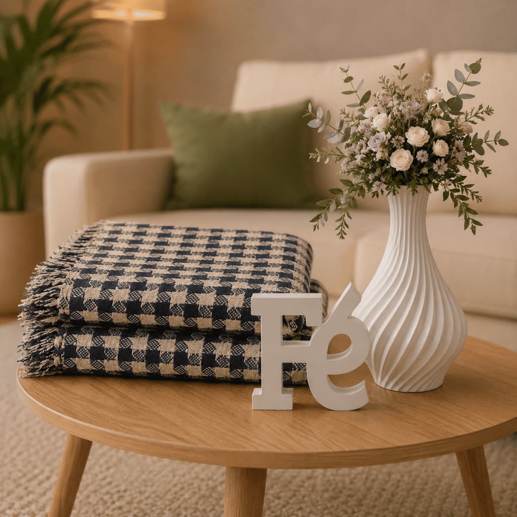 Kit Manta de Sofá + Letreiro Fé e Vaso 3D Envio Imediato Manta 100% Algodão Casa e Decoração Home