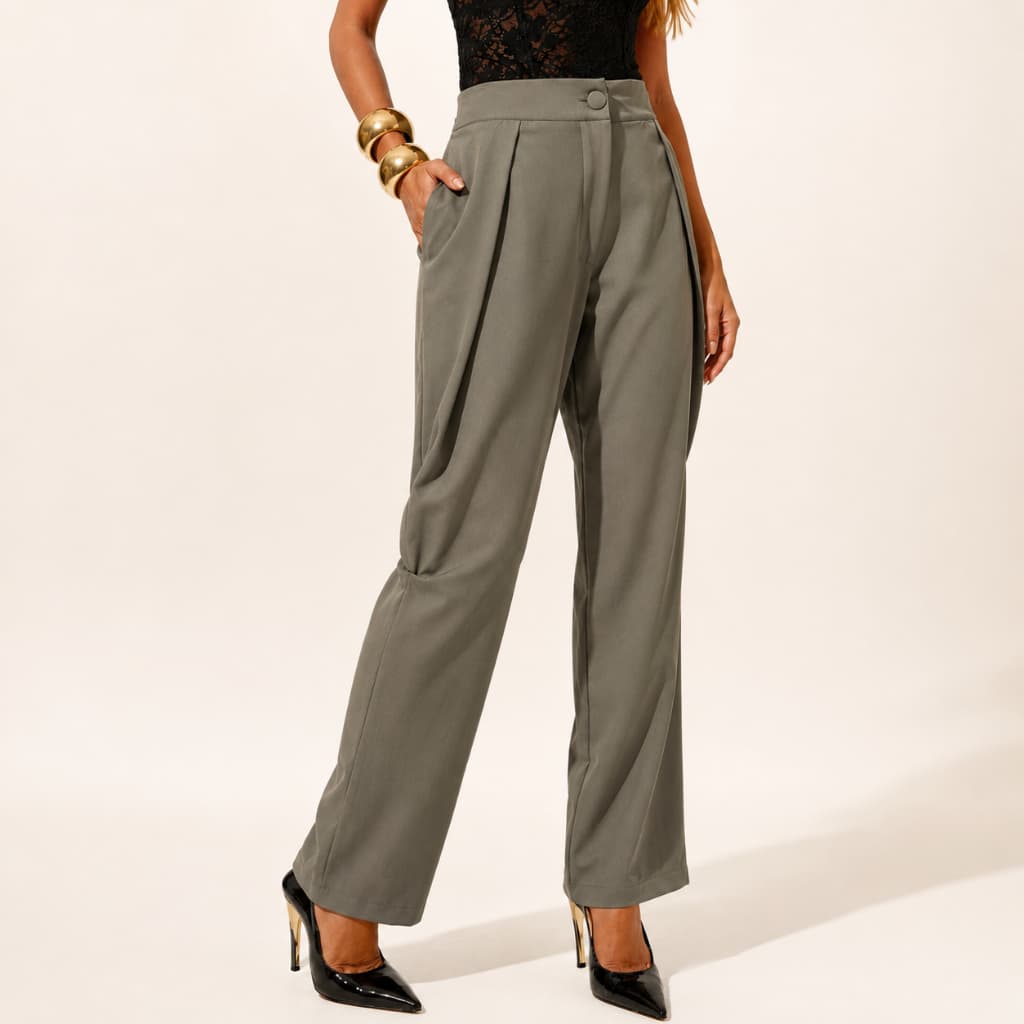 Calça Alfaiataria Feminina Wide Leg Pantalona Cós Alto Reta Social Pregas Formal Bolsos Moda
