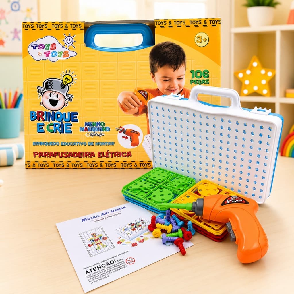 Kit Ferramentas Infantil Com Parafusadeira Elétrica De Brinquedo 106 Peças Educativo De Montar