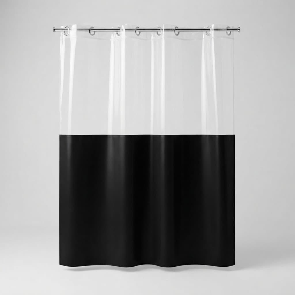 Cortina para Box PVC Antimofo 1,38x1,98m com Visor Transparente, Saia Preta, Ganchos em Ilhós e Fácil Instalação