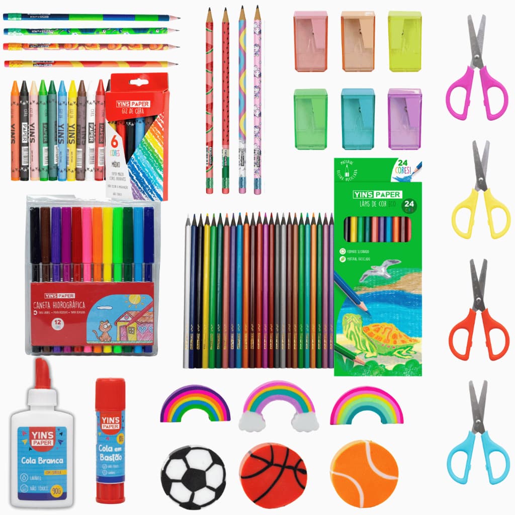 Kit Material Escolar Divertido 50 Itens Infantil e Fundamental Para Meninos e Meninas Completo