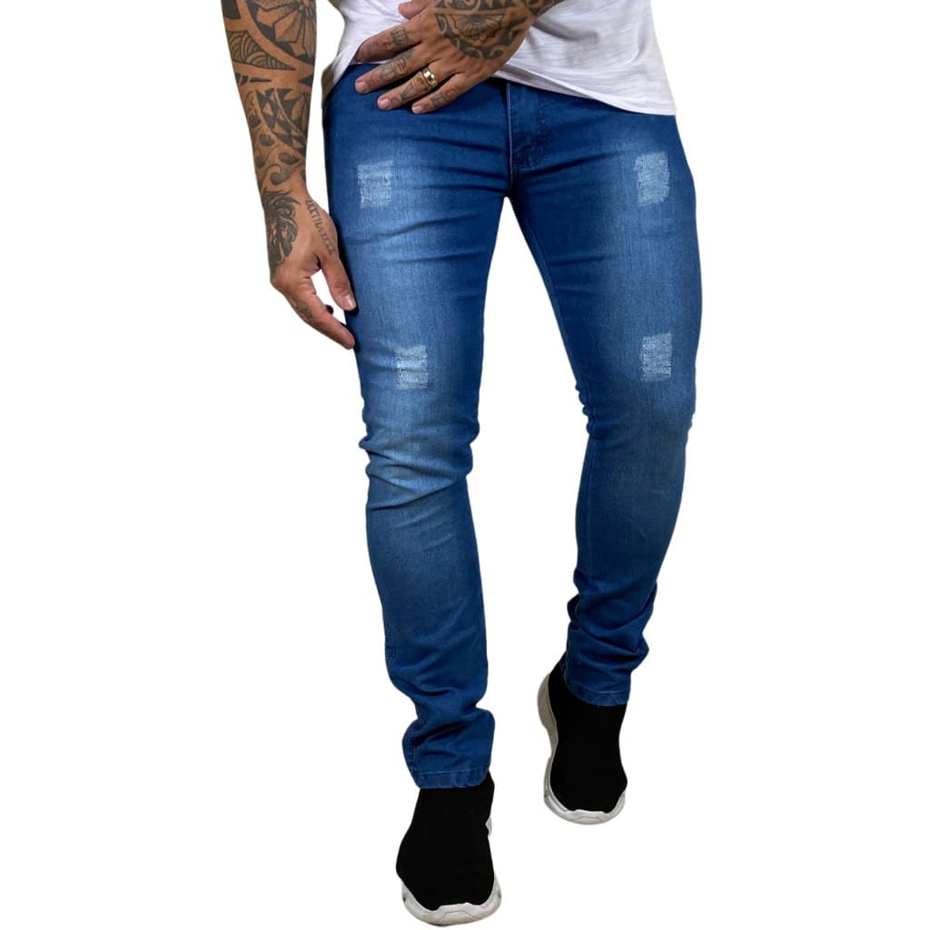 Calça Jeans Skinny Masculina com Desgastes Frontais Pistolado e Elastano