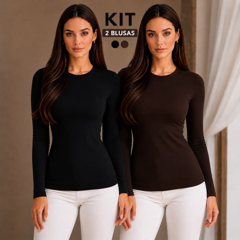 Kit 2 Blusas Térmica Peluciada Feminina Segunda Pele Felpada Gola em Friso Manga Longa Inverno Frio Quentinha Flanelada