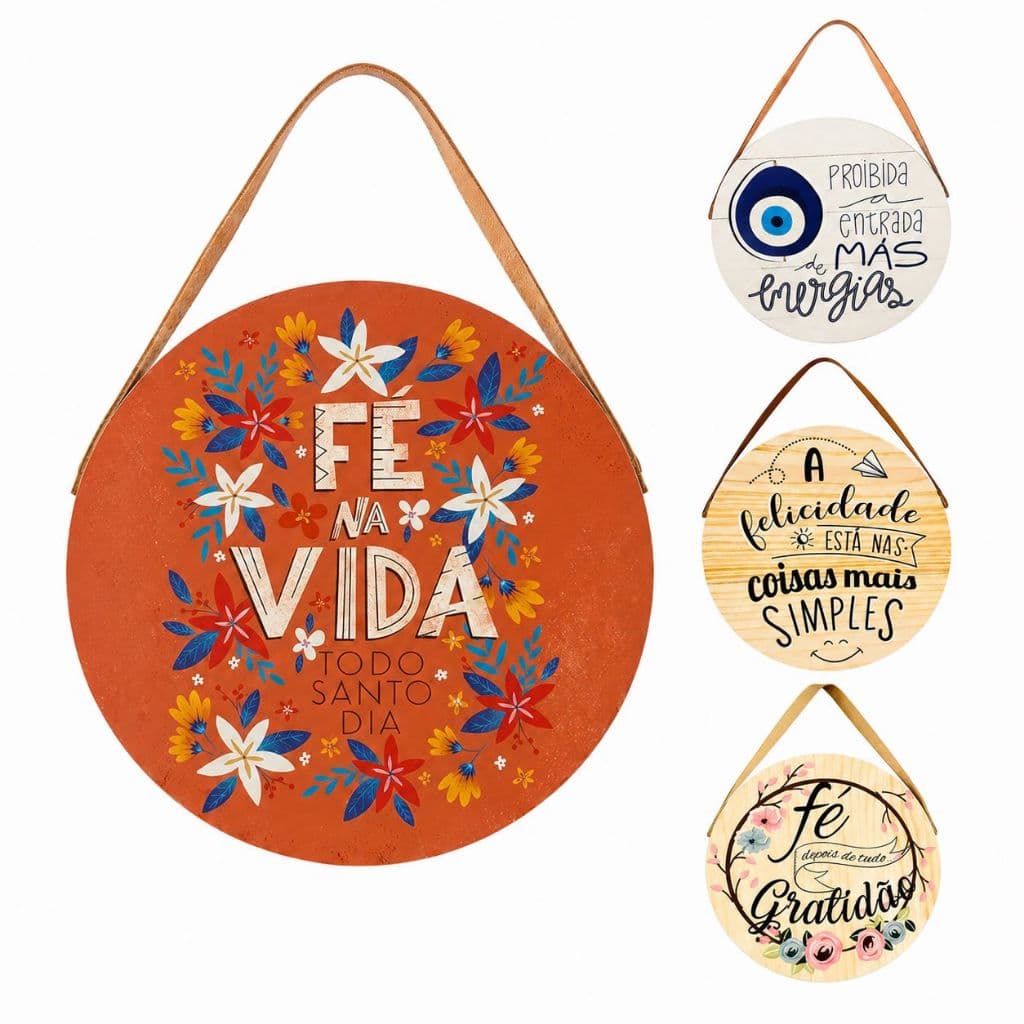 Placa Decorativa com Alça de Couro Redonda Frases Decoração Sala Cozinha 20x20cm