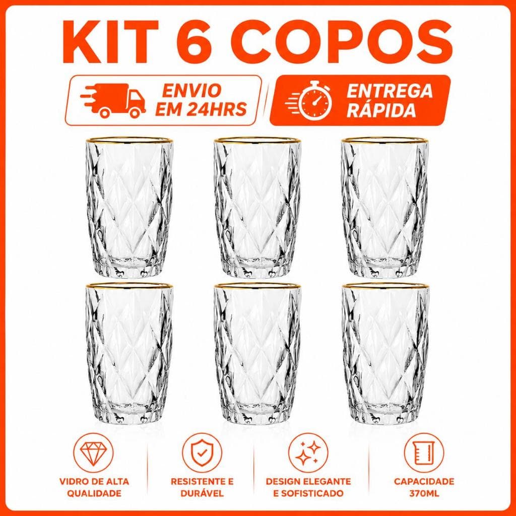 Kit 6 Copos Diamond com Borda Dourada 370ml