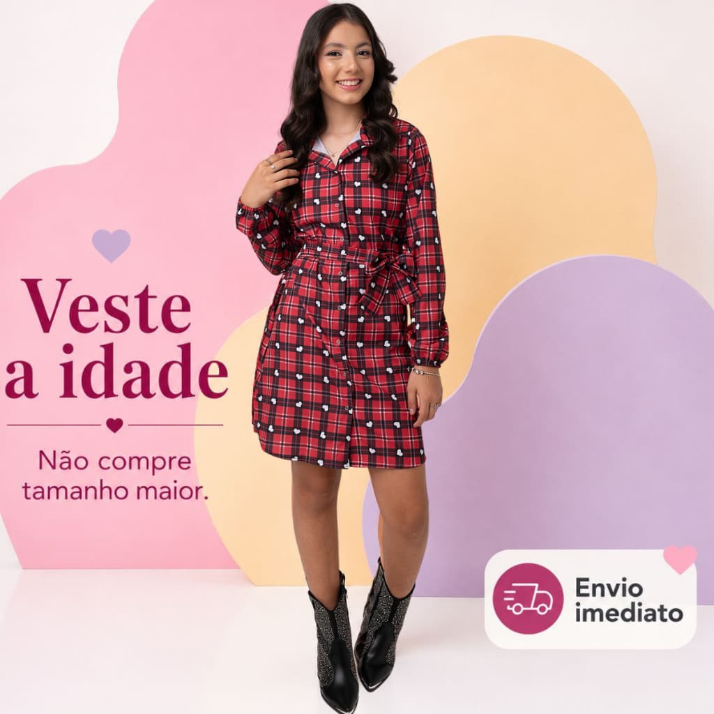 Vestido Chemise Infantil Juvenil Manga Longa Xadrez Inverno 2 ao 14 Anos