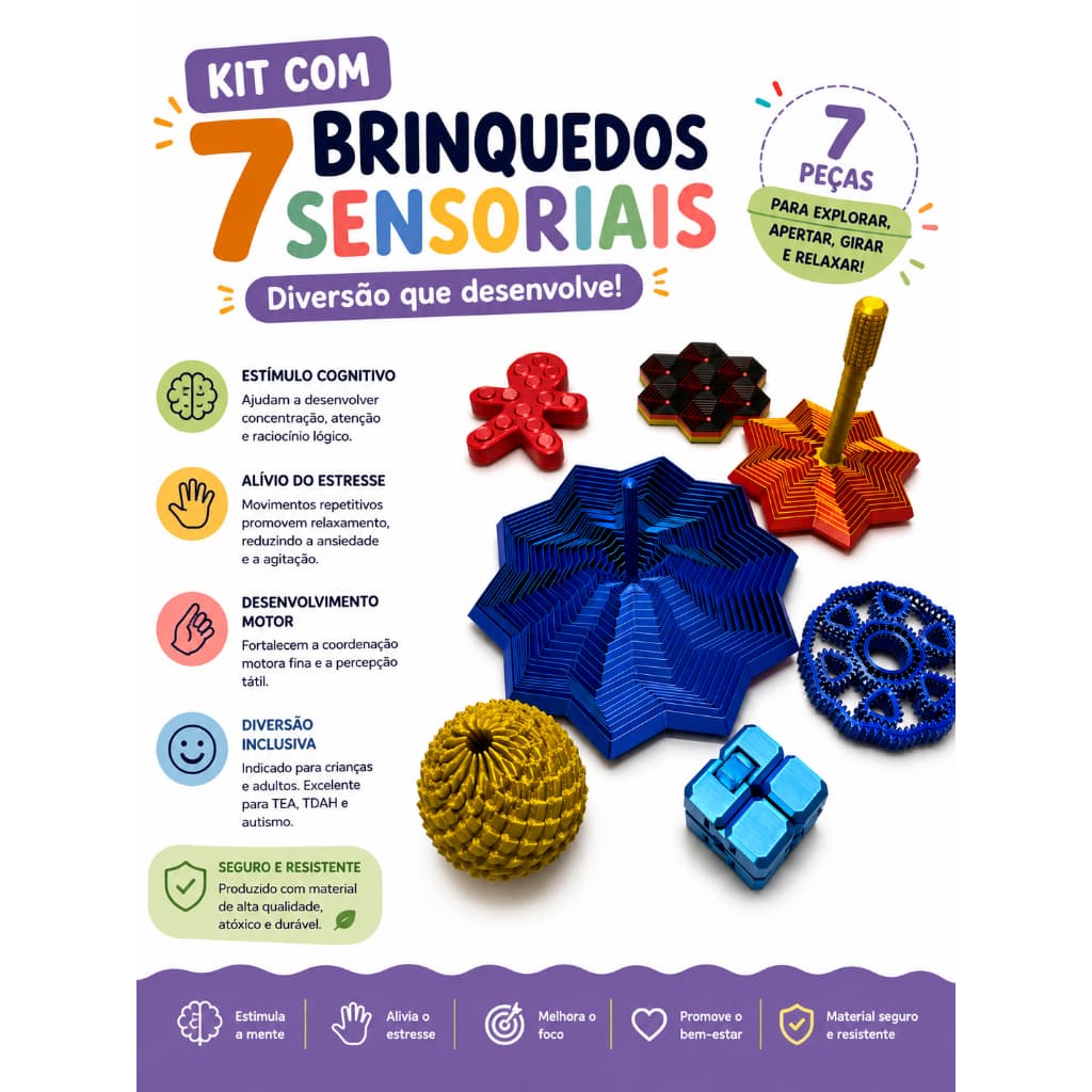 Kit com 7 Brinquedos Sensoriais Antiestresse | Fidget Toys para Relaxamento, Foco e Coordenação Motora