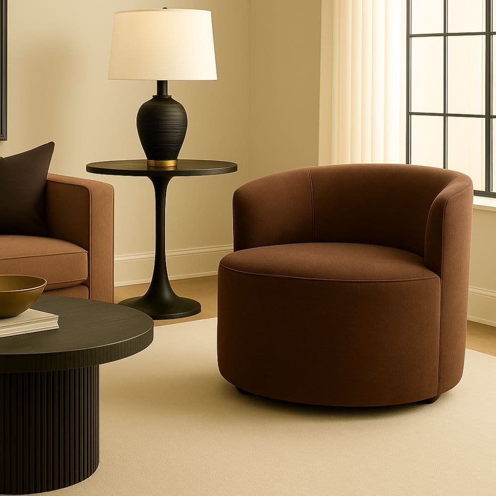Poltrona Sofie Orgânica Curva Linho Premium Estofada para Penteadeira Camarim e Sala Suede Marrom